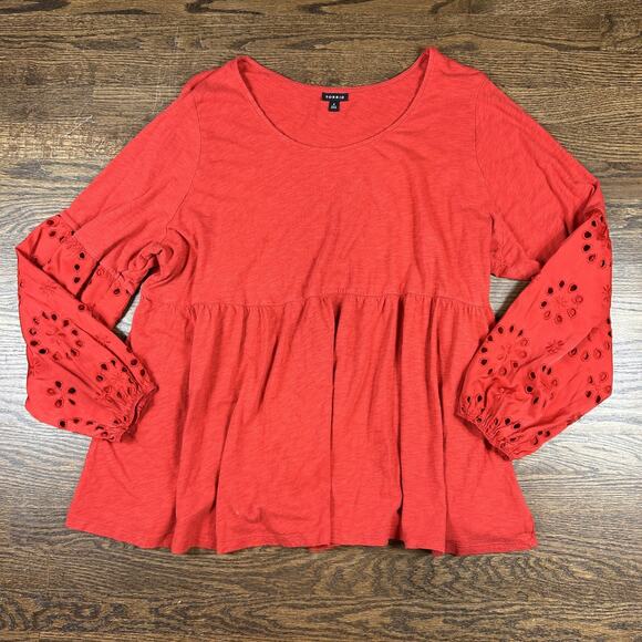 Torrid Blouse Womens 4 Red Peplum Long Sleeve Eyelet Boho Tunic Top Plus Size - Picture 1 of 8